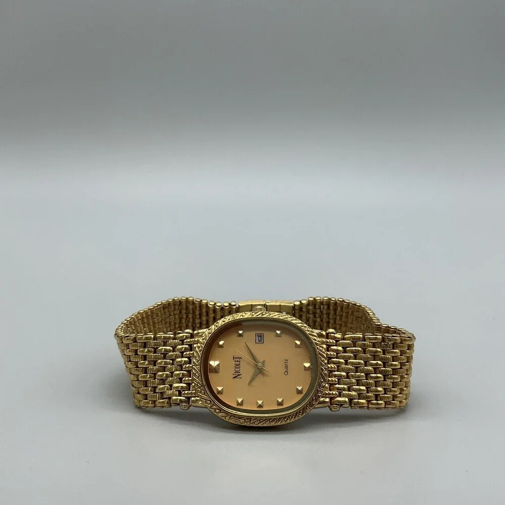 Nicolet Womens Watch 27mm Gold Tone Bracelet Date NC 1003 New Battery 8.5